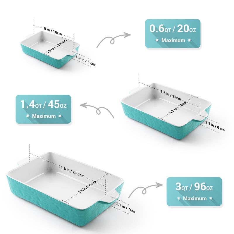 Krokori Casserole Dishes for Oven, Ceramic Baking Dishes, Lasagna Pan with Handles, Porcelain Baking Pan Deep, Bakeware for Baking, Cooking, Wedding Gift, Set of 3 (11.6" x 7.8", Aquamarine) - Image 3